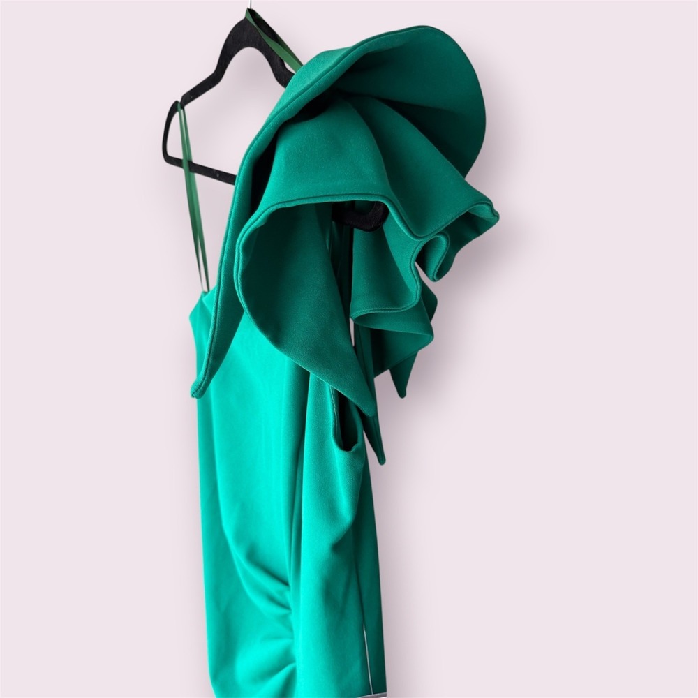 Betsy & Adam Green One-Shoulder Ruffled Midi Dress Size 8 With Draped Detail - Picture 6 of 9